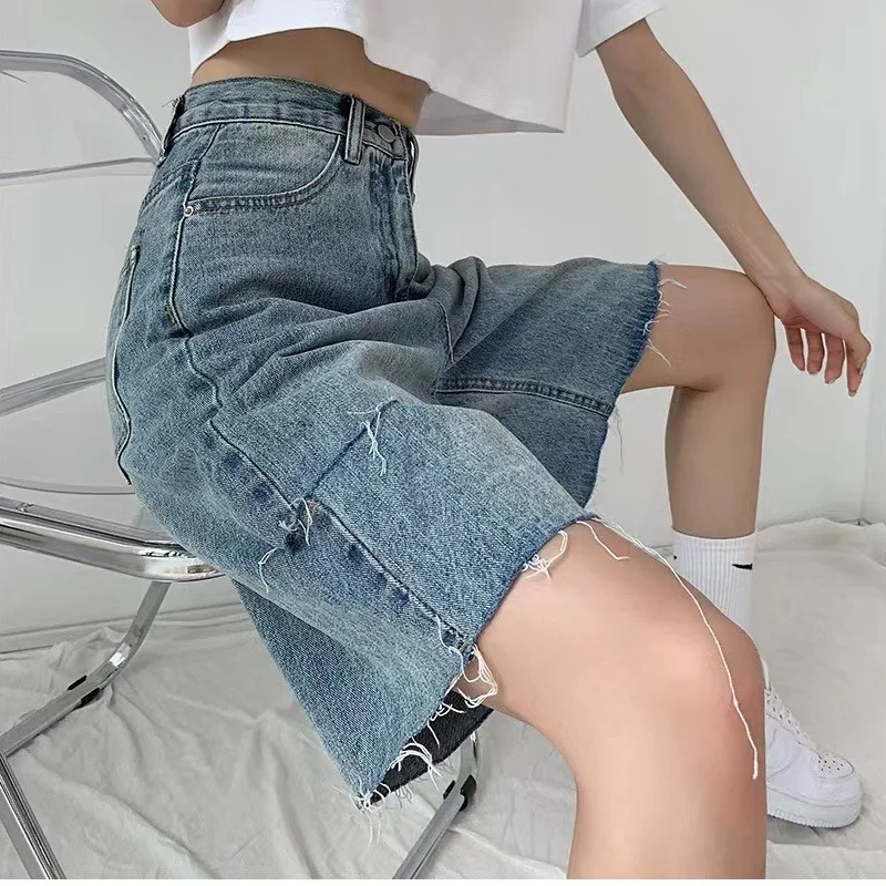 2024 Spring Summer Loose Ripped Holes Ladies Wide Leg Jeans Shorts High Waist Pockets Straight Women Denim Shorts Ropa De Mujer