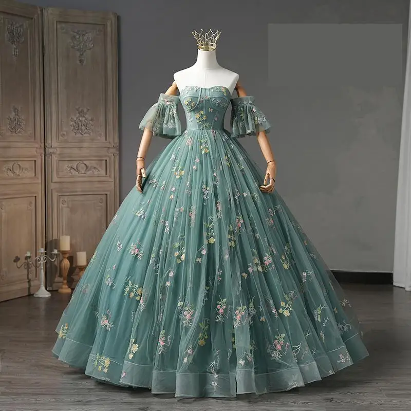 Maria Novia 2023 Peacock Green Quinceanera Dresses With Detachable Sleeve Spaghetti Strap Ball Gown Prom Dress Vestido 15 Anos