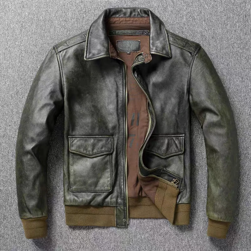 TopLayerCowhideLeatherJacketA2AirForceFlightSuitMensRetro
