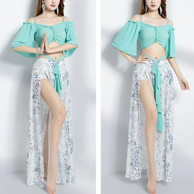 

Женский костюм для танца живота, элегантный костюм с юбкой и топом с разрезом, одежда для тренировок в восточном стиле