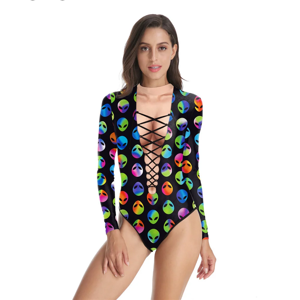 IOOTIANY  Alien Head Pattern 3D Printed Women Swimsuit Summer Casual Long Sleeve Beachwear Bathing Suit Sexy Tight Swimwear