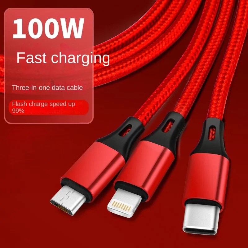 

100W 3-in-1 fast charging data cable extended car suitable for Apple Android Type-c one drag three flash charging wholesale