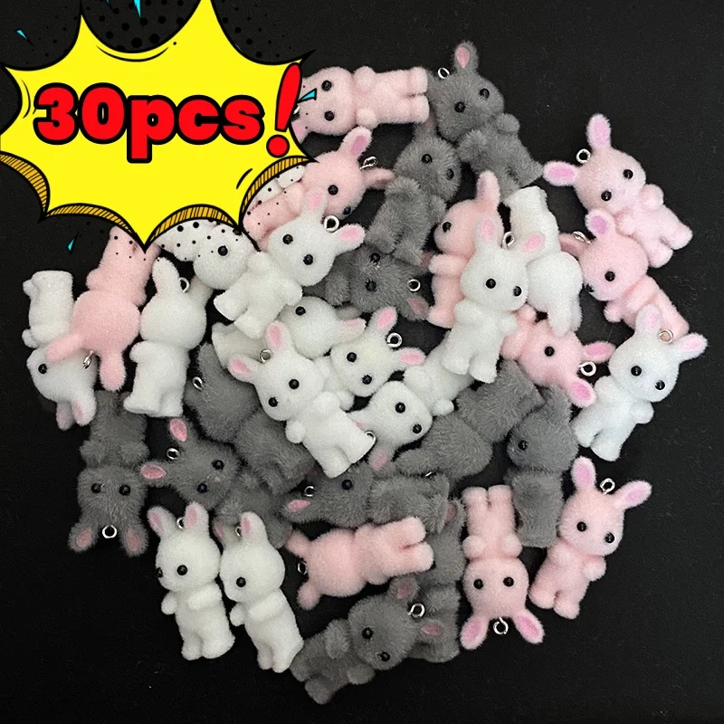 

30PCS rabbit Pendant Kawaii 3D Fluffy Flocking Animal rabbit Charms wholesale Keychain Necklace Pendant DIY Crafts Jewelry Make