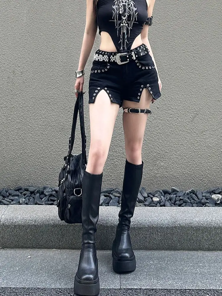 Sexy Low Waist Shorts Hot Girl Dark Low Waist Trashy Denim Shorts Grunge Jean Shorts Goth Hot Pants Streetwear Sexy Black Jeans