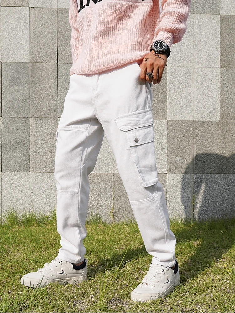 Men's casual jeans, simple white denim work pants, high - quality slim - fit jeans 4