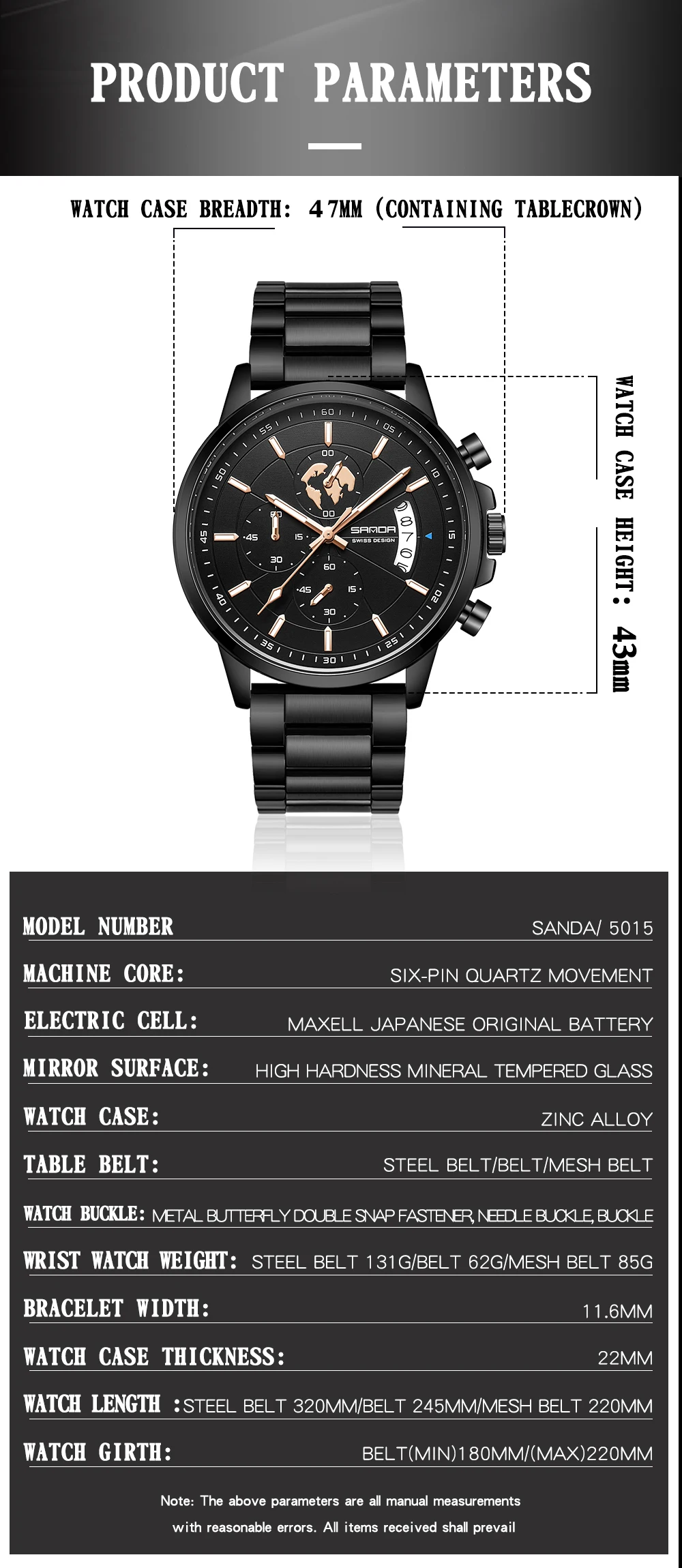 Sanda 5015 Product Three Eyes Six Needle Quartz Men's Watch Fashion Simple Steel Band Calendar Waterproof Korean Quartz Watch