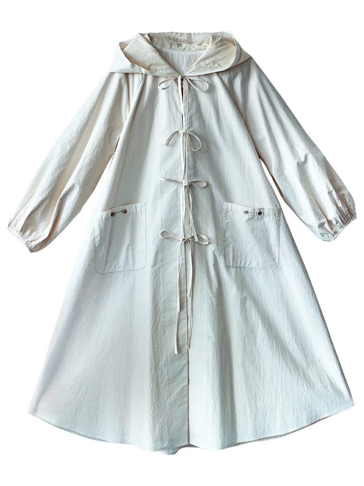 Retro Hooded Trench Coat Coat Women's Spring and Autumn Long Loose White