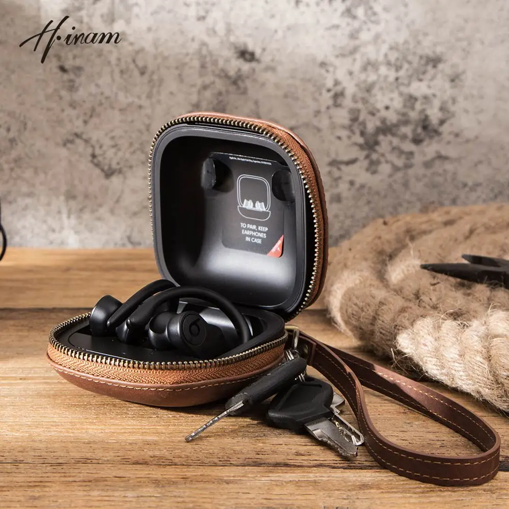 Luxury genuine cowhide leather vintage wireless earphone cases for powerbeats pro retro casual zipper earphone accessories
