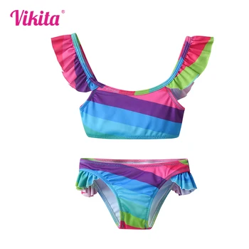 VIKITA 2023 ragazze costume da bagno due pezzi rosa arcobaleno colorato ragazza costumi da bagno per bambini estate Bikini set Falbala 4-10 anni 1