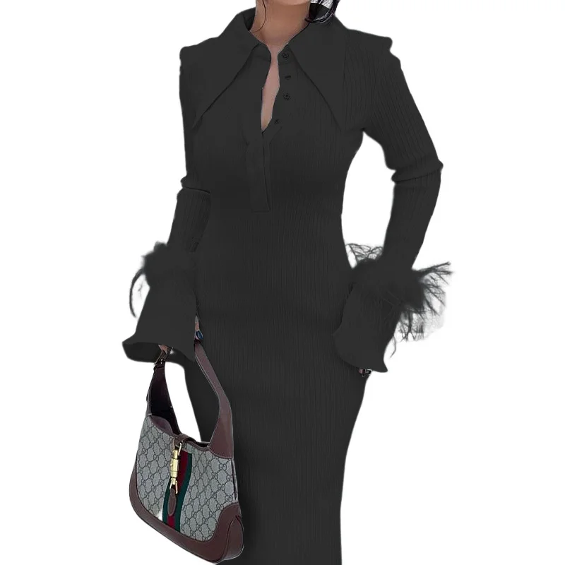 Autumn & Winter New Women's Fashion Polo Neck Feather Long Pit Stripe Dress Elegant & Beautiful Party Evening Dress