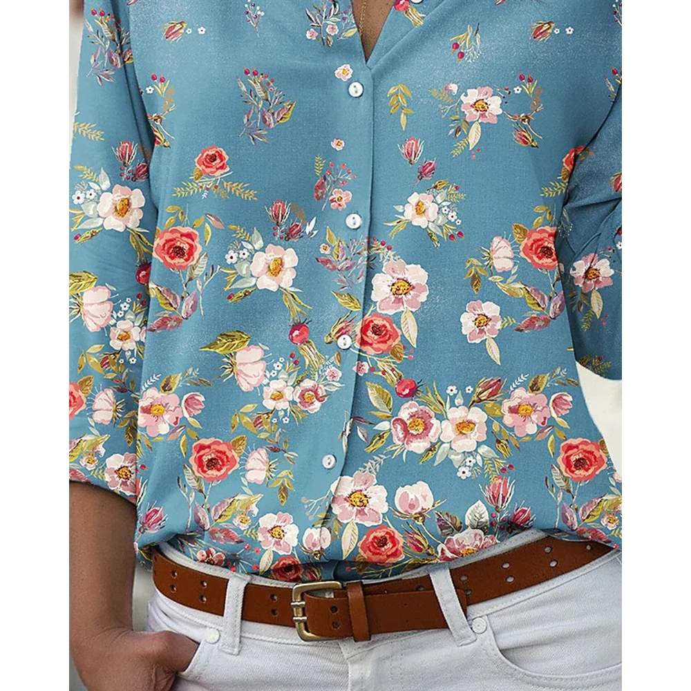 2024 Floral Print Long Sleeve Buttoned Shirts for Women Turn-down Collar Casual Blouse Femme Fashion y2k Tops Vintage Clothes