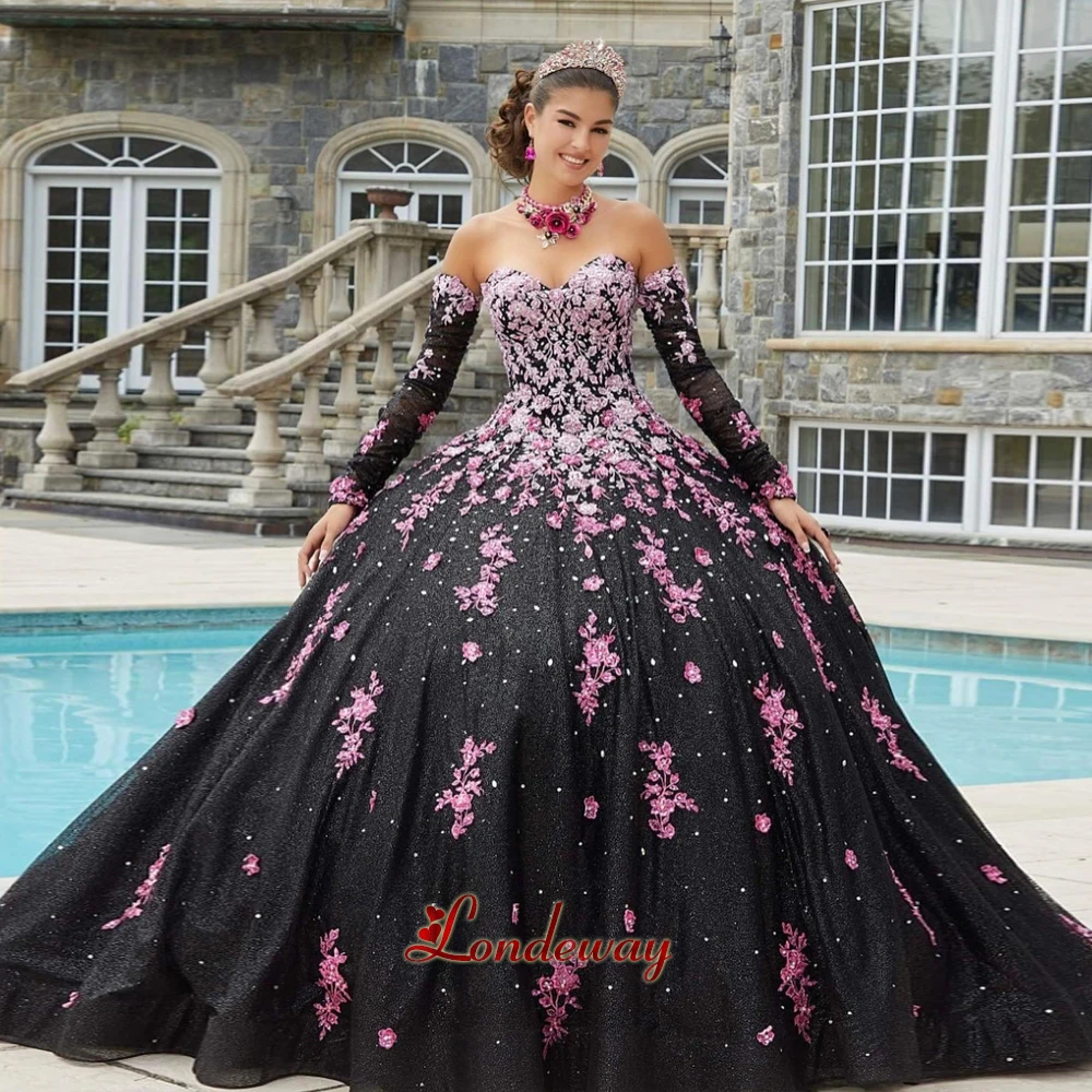 Londeway Trendy Corset Princess Ball Gown Strapless Bow Lace Appliques Long Sleeves Vestidos De 15 Quinceanera Made