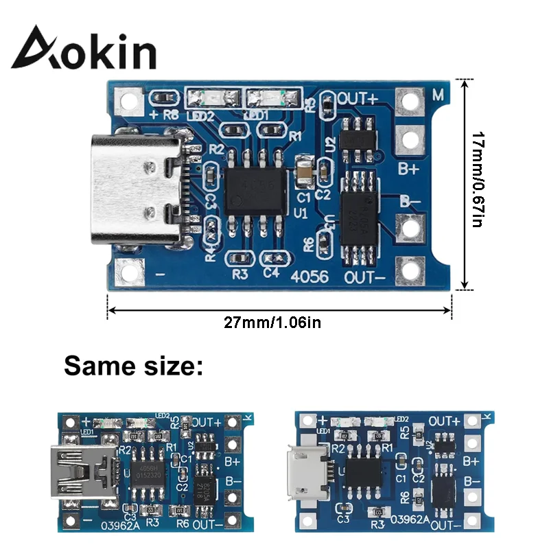 Lithium Battery Charger 5V 1A Micro/Type-c/Mini 18650 TP4056 Charger Module Charging Board Protection Dual Functions Li-ion