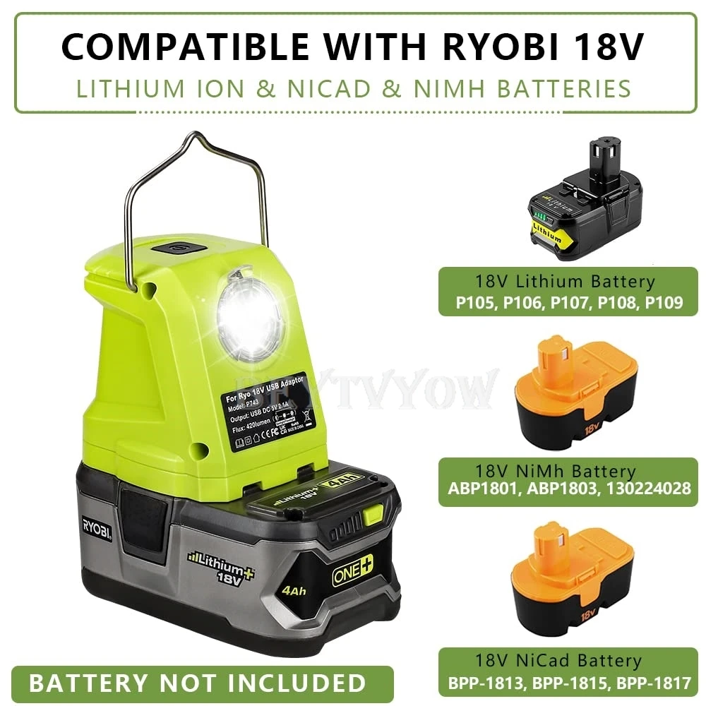 Portable Flashlight for Ryobi 18v Battery 420lm LED Work Light with 2 USB Ports