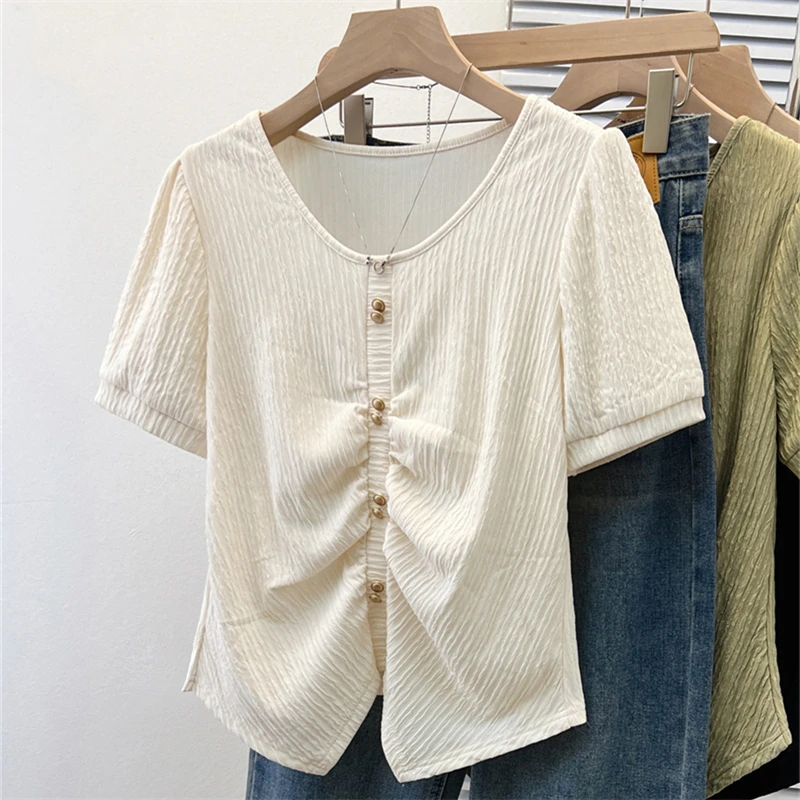 

Large Size Women Shirts Summer Round Neck Short Sleeved Buttons Fold Pullover Tops Female Casual Solid Color T-Shirt