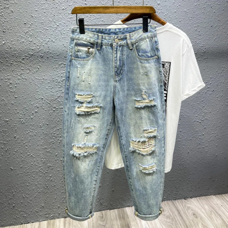 2024 spring new high end hole patch trendy jeans for MEN'S FASHION street fashion brand water washed retro worn loose Demin Pant