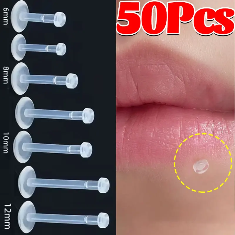 Lip Nose Studs Ear Helix Earring 50/10PC Transparent Acrylic Soft Rod 16 Gauge 6mm 8mm 10mm 12mm Body Piercing Jewelry