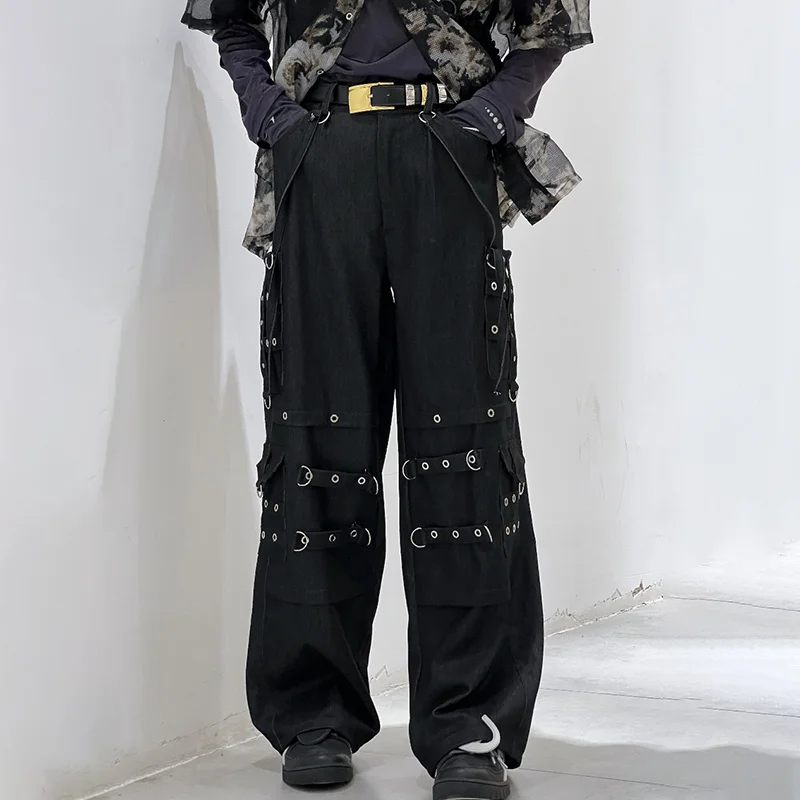 

Autumn Men's Chic Darkwear Techwear Denim Straight Flare Pants Streetwear Motorcycle Metal Decoration Hip-hop Jeans 21Z1082