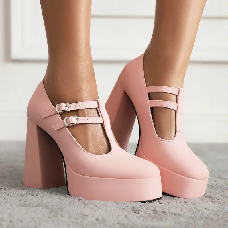 

Solid Pink White Sweet Lovely Lolita Girls Pumps Closed Toe T-strap Block High Heels Japanese Platform Mary Janes Women Shoes