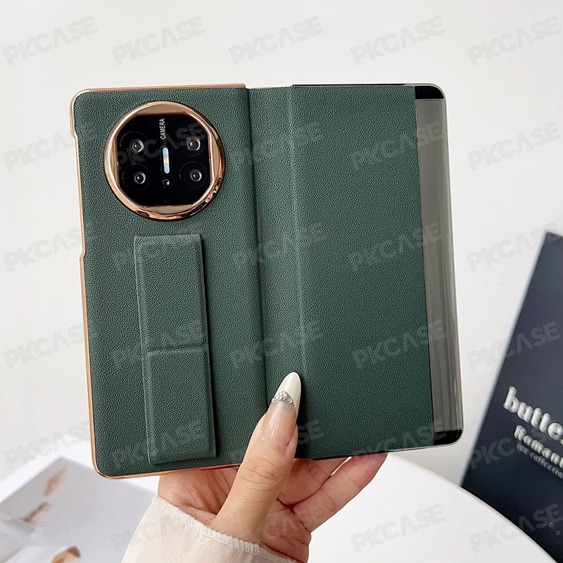 Shockproof Wristband Bracket Flip Leather Case with Smart View Window & Camera Protection