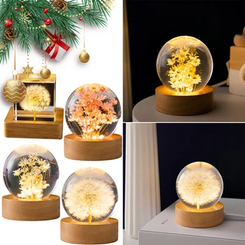 3D Round Ball Night Lamp Flower Crystal Ball Night Light with Wooden Base Office Home Decor Valentine's Day Gift for Men Women 1