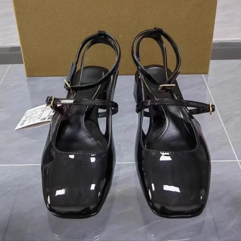 Retro Square Toe Women Mary Jane Shoes Summer Fashion Ankle Strap Thick Heels Elegant Black Slingbacks Ladies Sandals