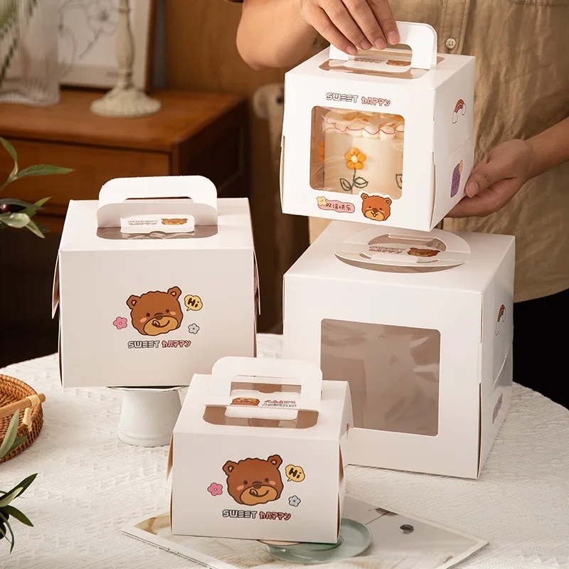 

10pcs Cartoon Bear Paper Cake Boxes With Window Birthday Party Baby Shower Celebrate 4/6 Inch Handmade Packaging Decor