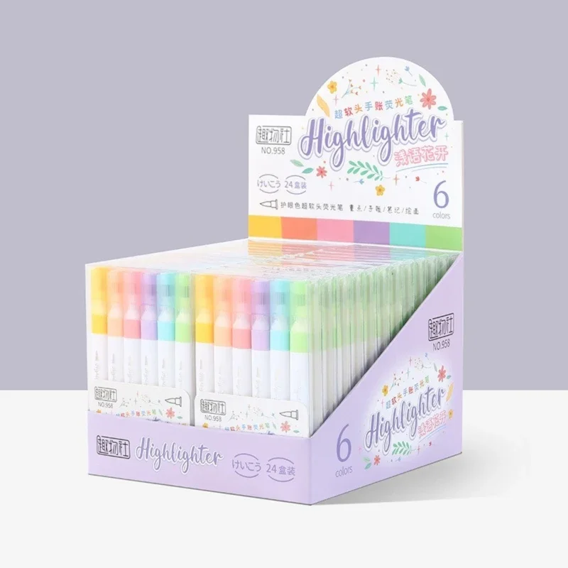 6 Colors Pastel Highlighter Marker Pen Set Brush Fluorescent Markers Art Marker Japanese Cute Kawaii Stationery