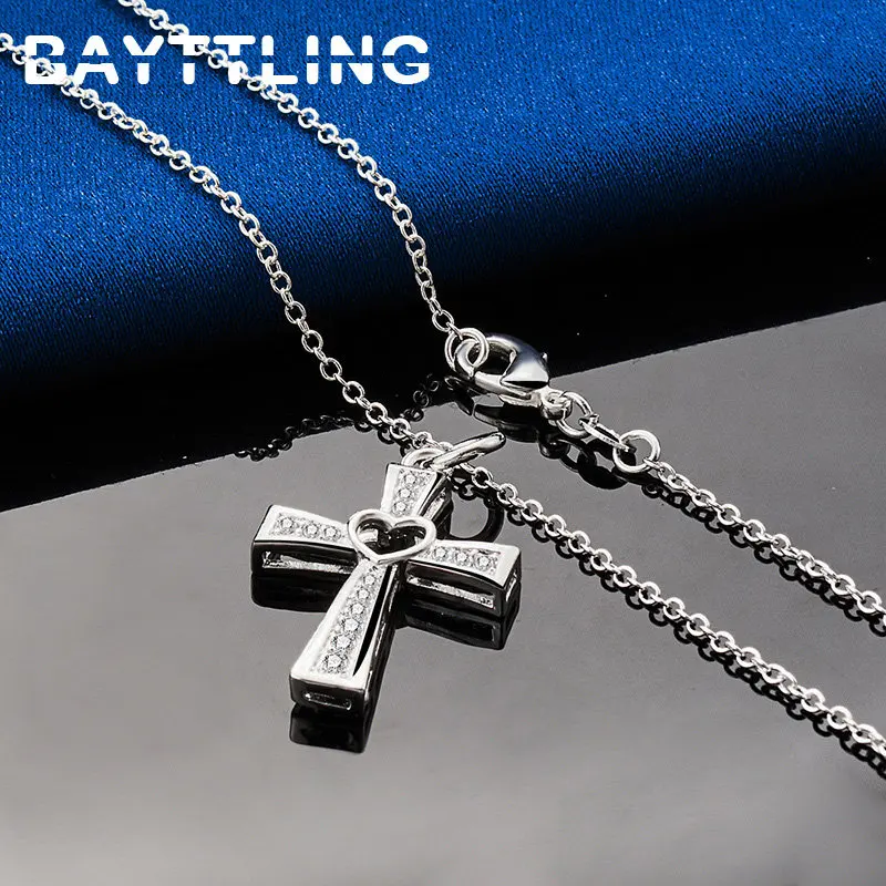 Charm 925 Sterling Silver 16-30 Inches Fine Heart Zircon Cross Necklace For Women Men Fashion Wedding Gifts Party Jewelry