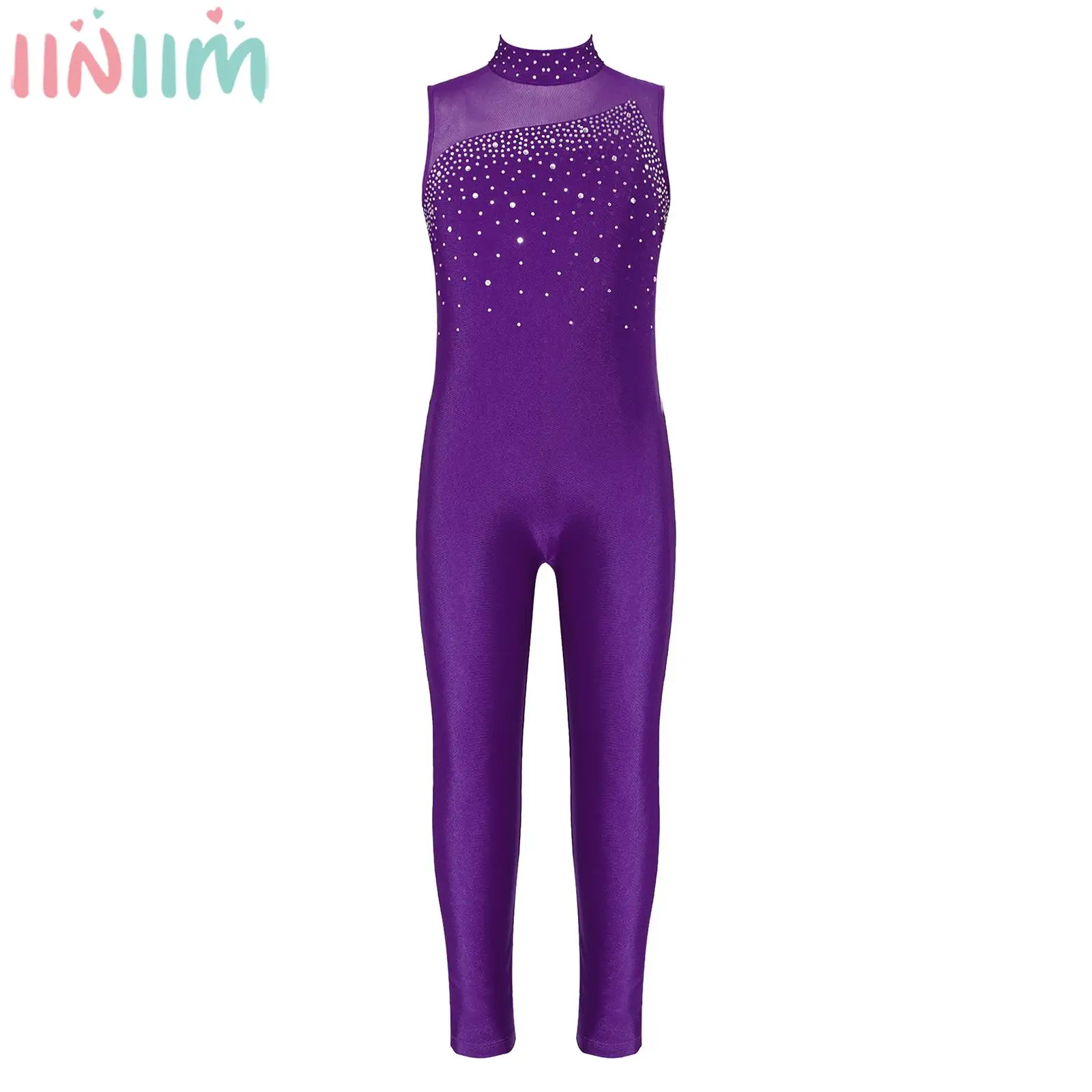 

Teens Girls Figure Ice Skating Costume Ballet Dance Gymnastics Acrobatics Leotard Bodysuit Shiny Rhinestone Sheer Mesh Jumpsuit