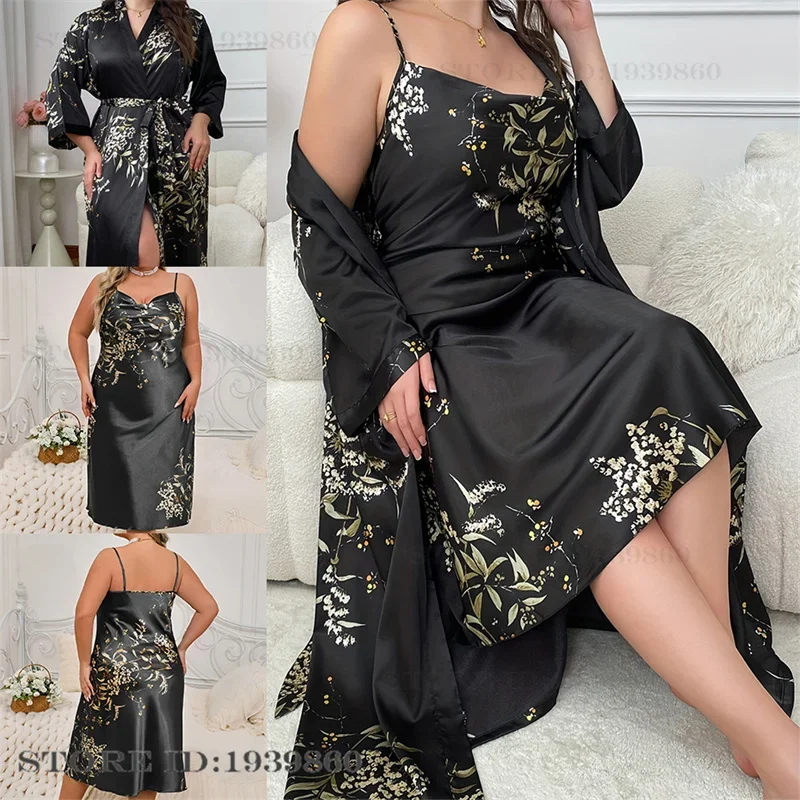 Female Robe Set Nightgown Print Cherry Long Kimono Bathrobe Gown Sleepwear 2Pcs 3XL 4XL 5XL women dress,women sleepwear,bride robes,silk robe,sleepwear pajamas