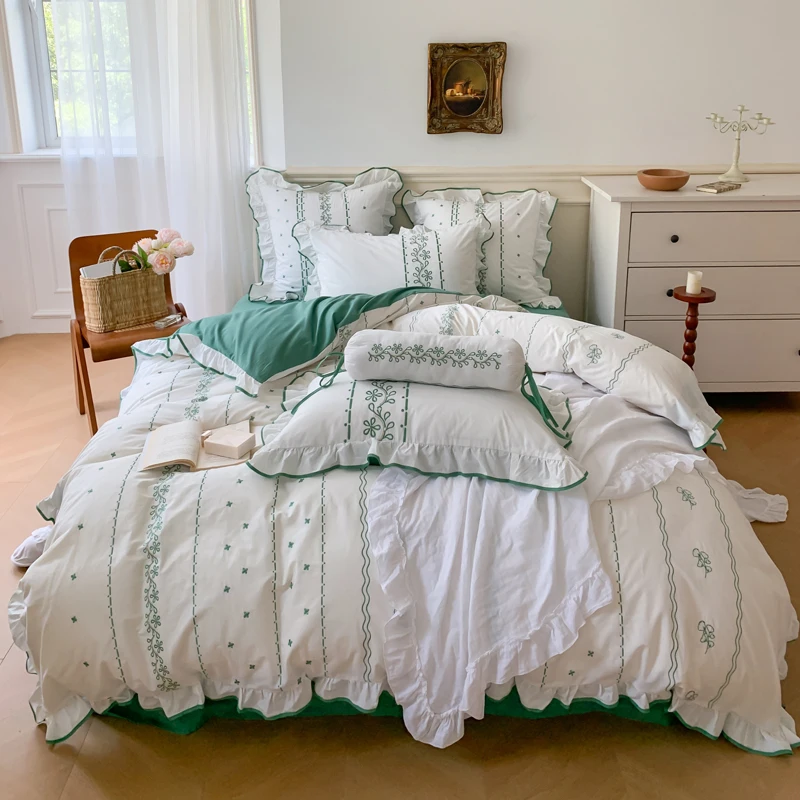 

French Style Washed Cotton Embroidery Bedding Set Duvet Cover Linen Fitted Sheet Pillowcases Home Textiles