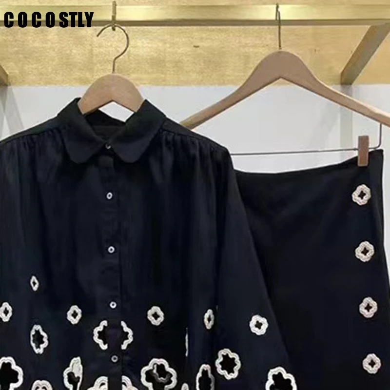 

COCOSTLY 2024 New Summer Women Flower Hollow Out Set Single Breasted Long Sleeve Blouse High Waist Loose Straight Leg Pant Chic