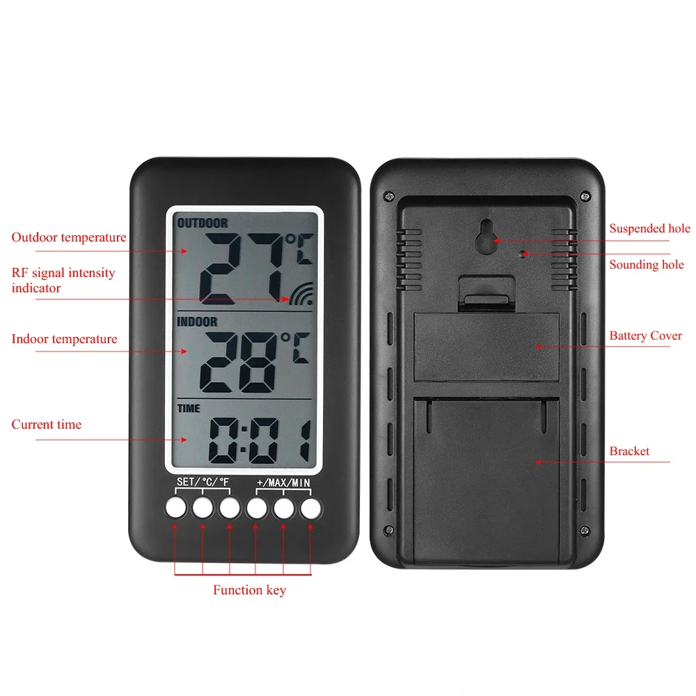 Digital Thermometer Meter With Clock Function Outdoor Indoor LCD Wireless Temperature Electronic Thermometers Weather Station - 4