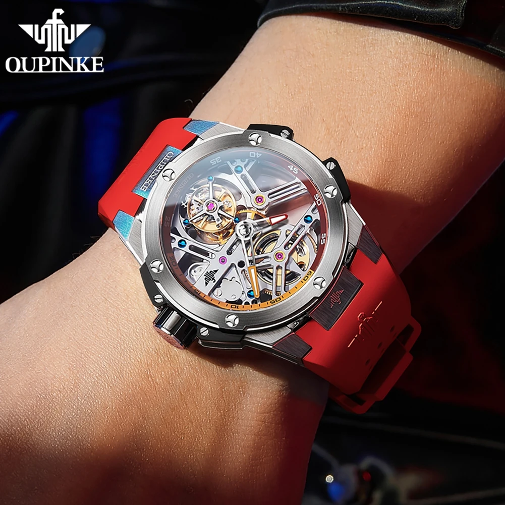 OUPINKE Tourbillon Watch for Men Automatic Mechanical Men's Watches Silicone Strap Sapphire Mirror Waterproof Original Watch Man
