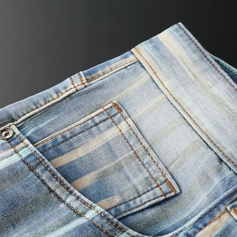 Fashionable men\'s blue personality color contrast striped jeans men slim stretch summer slim men\'s small straight leg pants