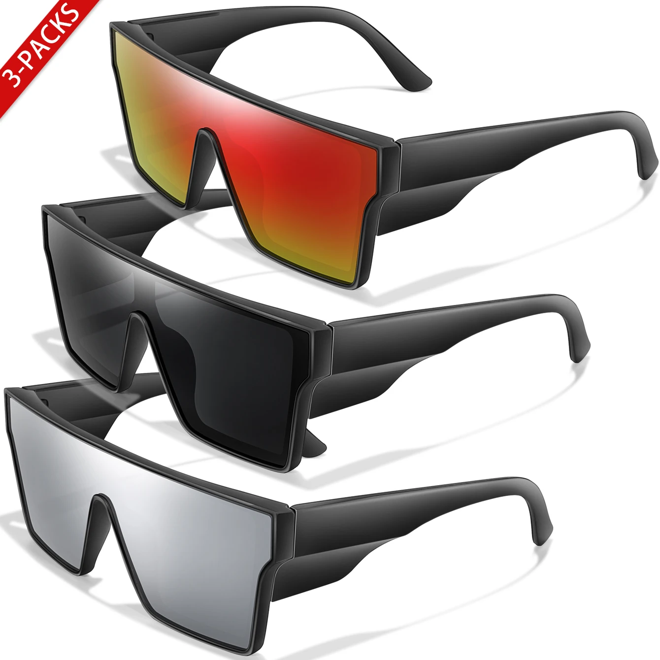 3 PCS Big Frame Colorful Lens Cycling Sunglasses UV400