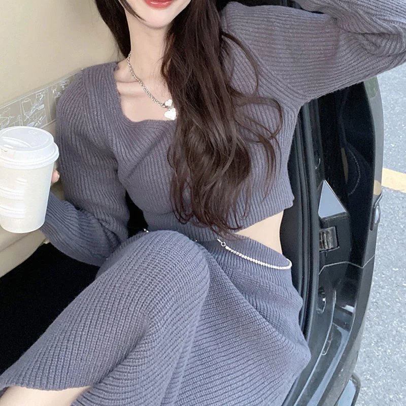 

Зимний шикарный вязаный комплект из двух предметов, Женский винтажный уличный ретро-костюм с юбкой, Женский Модный повседневный элегантный комплект из свитера в Корейском стиле, Новинка