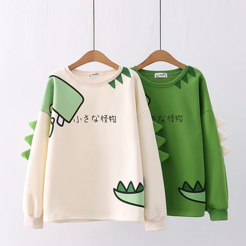 

Cartoon Monsters Printing Flocking Thickening Sweatshirt Women Round Collar Fleece Female Sweet Pullovers Mori Girl U170