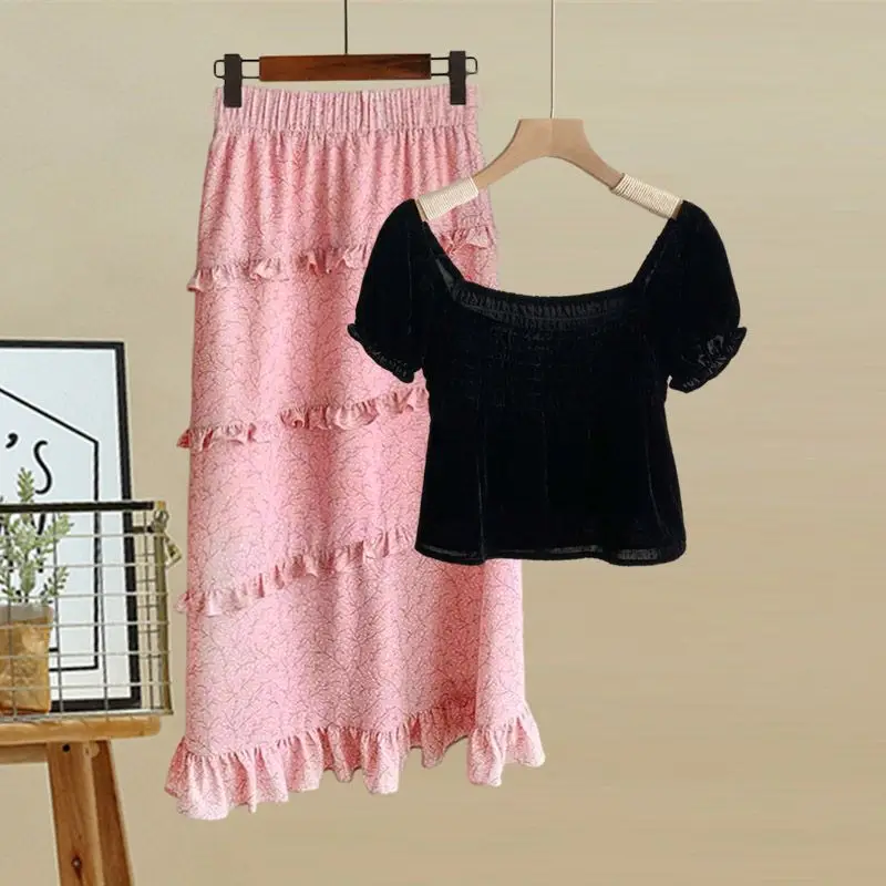 

2023 Gentle Style Retro Two-piece Suit Fashion Exquisite One Shoulder Top Thin Lace Fishtail Half-body Skirt Tide Y2K
