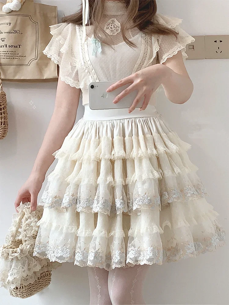 

Multilayer Skirts Women Lace Mesh Patchwork Flower Embroidery Elastic Waist Lolita Cute Cake Skirts Sweet Girls Kawaii Clothes
