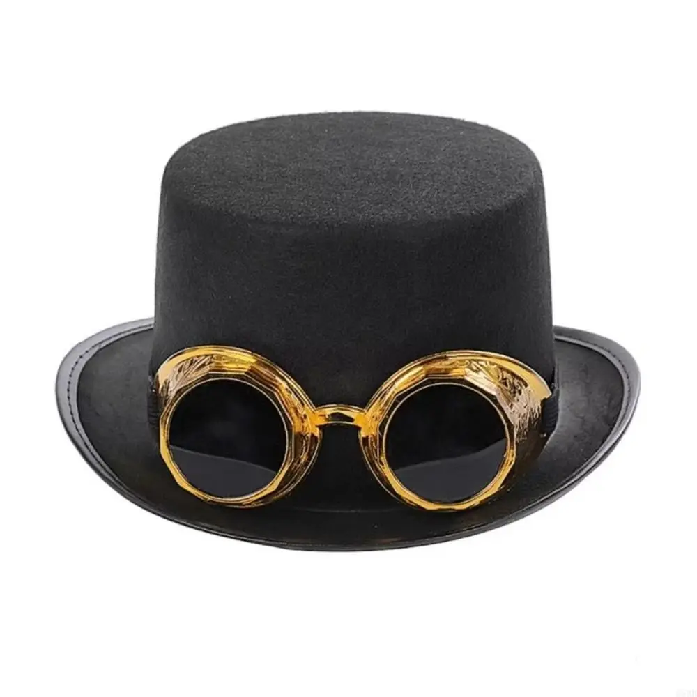 Vintage Black Steampunk Men Hat With Eyeglasses Stage Performance Retro Gothic Hat Magician Hat Non-woven Fabric