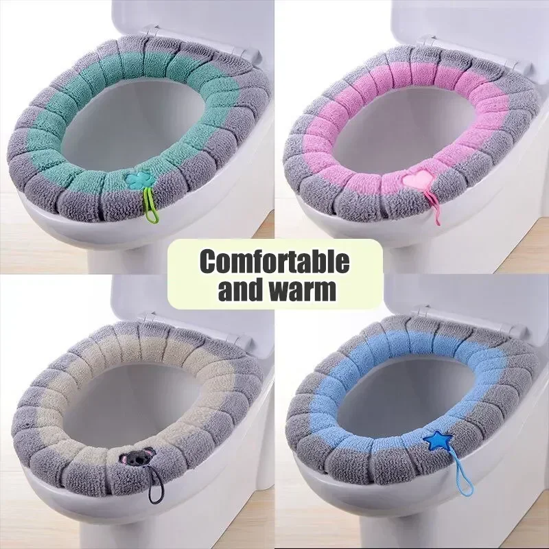 1pc Portable Knitted Toilet Mat Thickened Washable Antifreeze Toilet Cover Thickened Knitted O Type Universal Stitched Color
