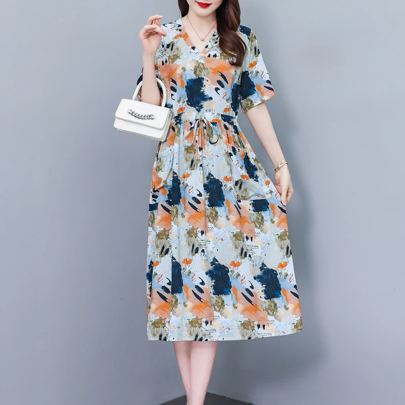 Summer V-Neck Plus Size Women's Loose Print Dress - Fashionable Short Sleeve Design