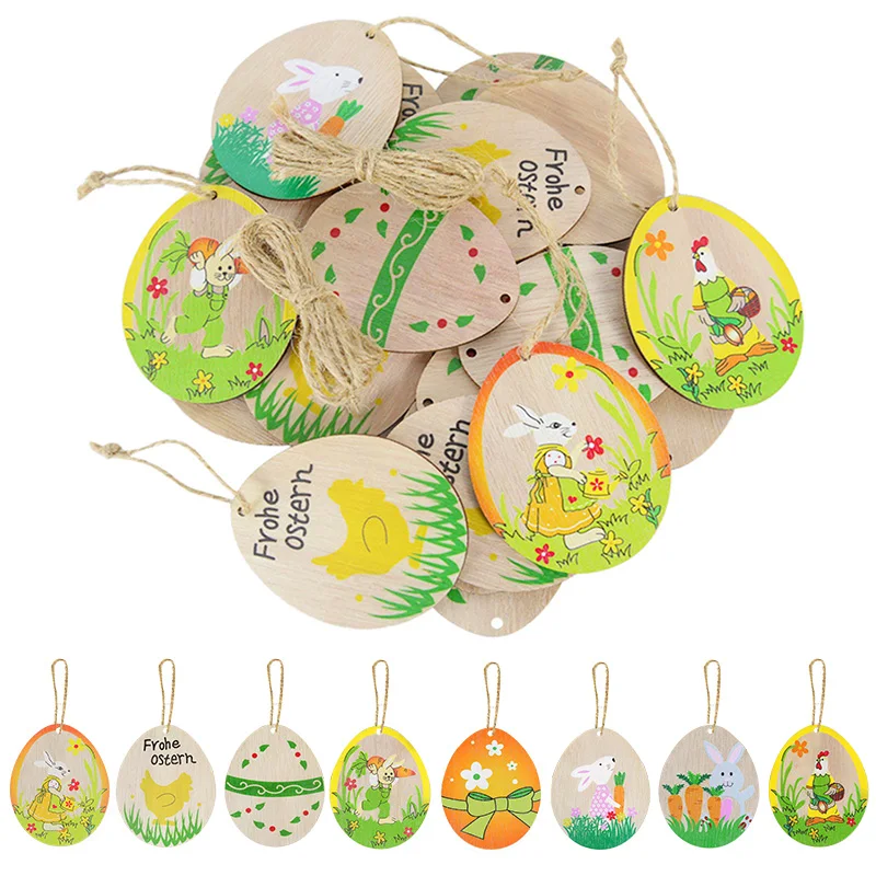 

10pcs Wooden Eggs Shaped Bunny Carrot Single Side Painted Wood Chips Hanging Ornaments for Easter Party Home DIY Decora Supplies
