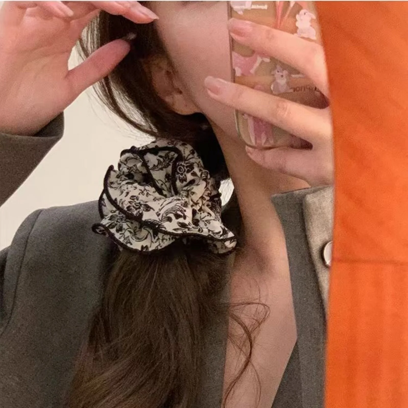 1PC Floral - Print Double - Layered Hair Scrunchie, Elegant Hair Tie for Women, Chic Accessory for Ponytail Styling