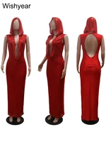 New Luxury Birthday Red Hooded Dress for Women Sexy Deep V Neck Sequins Glitter Mesh See Through Back Open Sparkly Evening Robe - Image 5