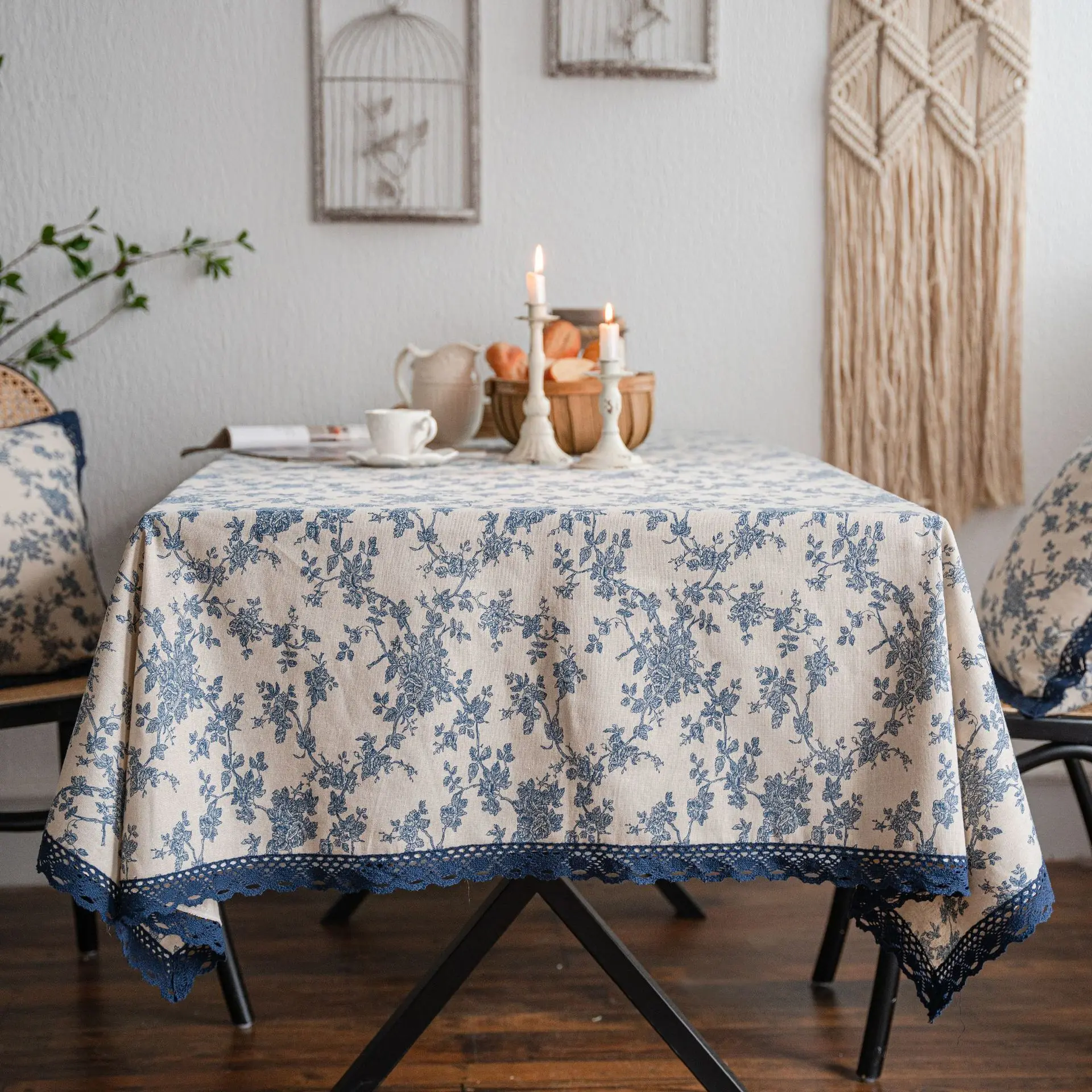 

Blue Rose Printed Rural Tablecloth Cotton Linen Table Cloth Waterproof Household Covers Lace Table Cover Home Decoration