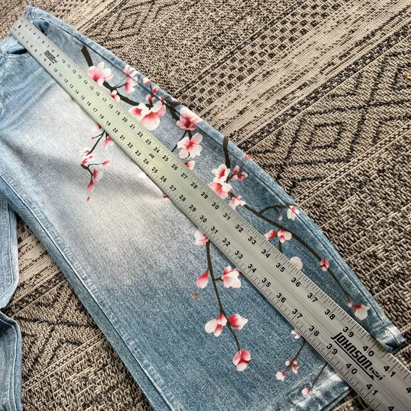 Y2K Fashion Washed Old Geometric Cherry Blossom Oversized Printed Baggy Jean Female Harajuku Popular Casual Joker Wide-leg Pants 4
