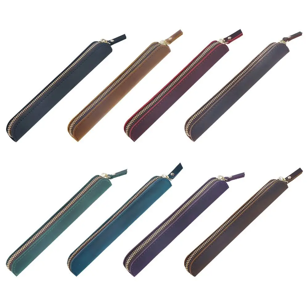 

Leather Retro Simple Creative Pen Protection Bag Pencil Case Zipper Storage Bag Stationery Pouch